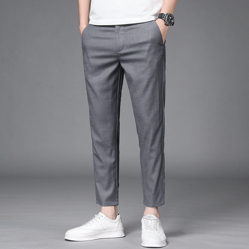 夏季九分休闲裤男士灰色薄款透气宽松冰丝修身中腰小脚长裤西裤潮