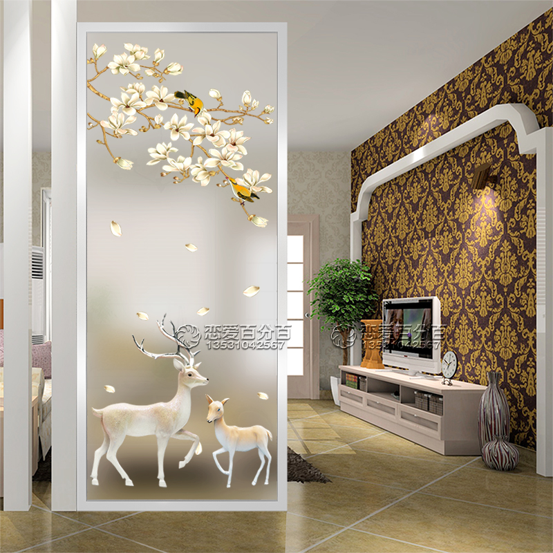 定制艺术玻璃屏风隔断墙客厅玄关磨砂透光工艺双面鞋柜发财鹿