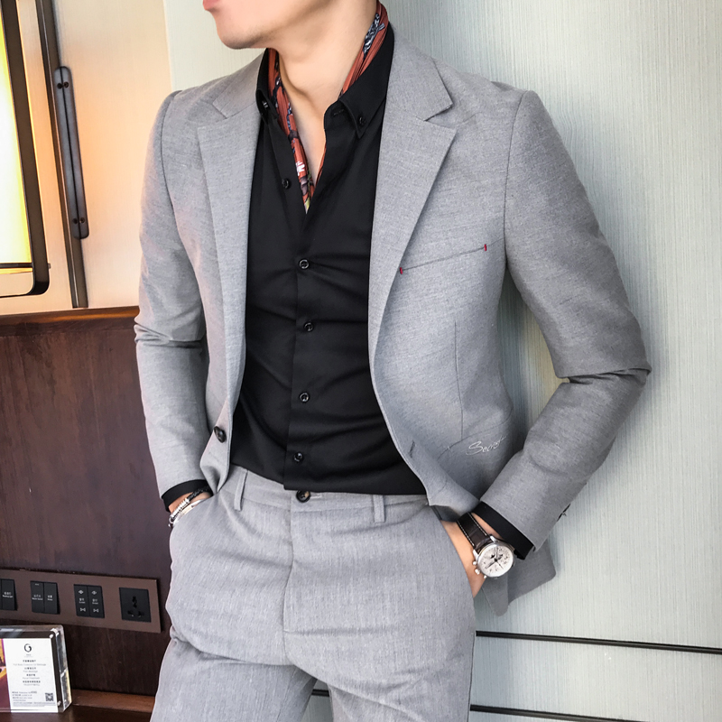 休闲西装套装男夏季帅气修身潮流韩版英伦风结婚新郎正装男士西服