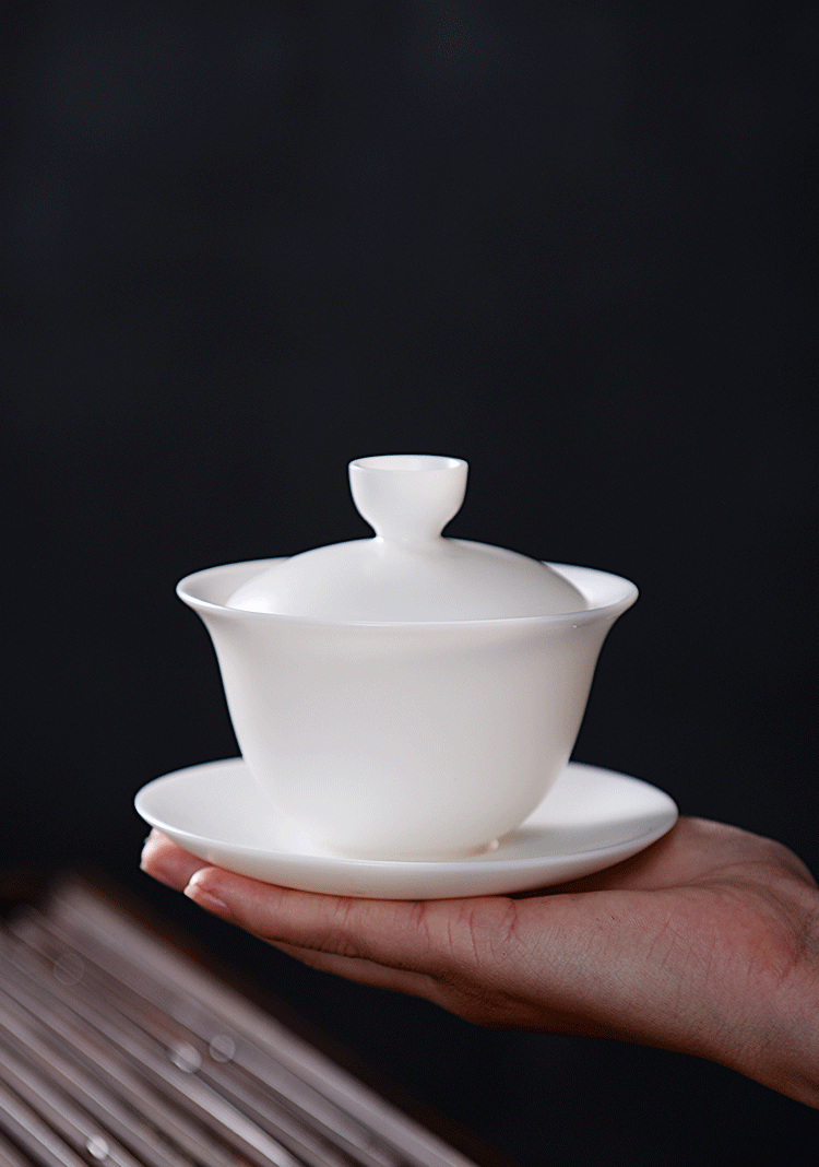 盖碗羊脂玉德化高岭原矿中国白瓷功夫茶杯具手工釉160ml三才茶碗