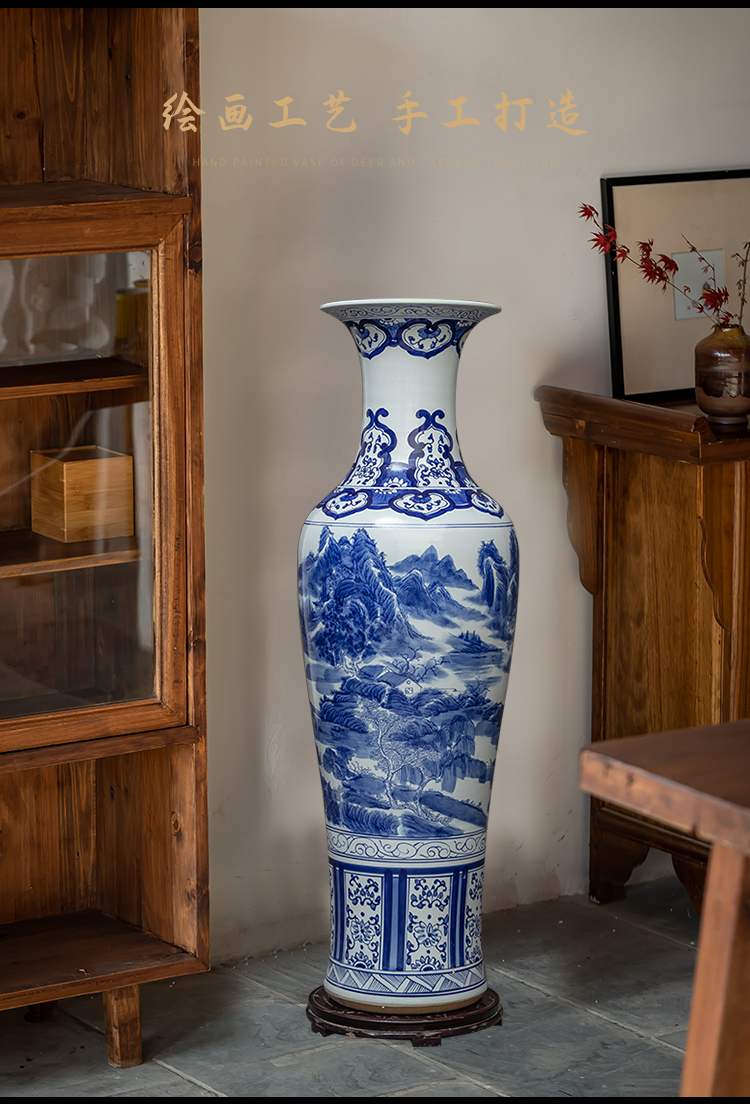 落地大花瓶景德镇中式客厅装饰摆件14米手绘青花山水陶瓷大花瓶