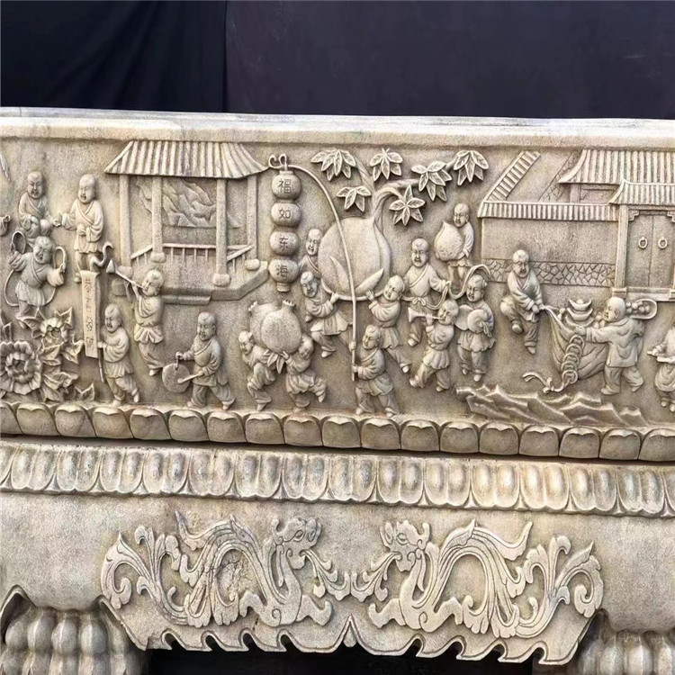 山东出售汉白玉百子图大长盆 石雕花盆厂家报价长方形石盆