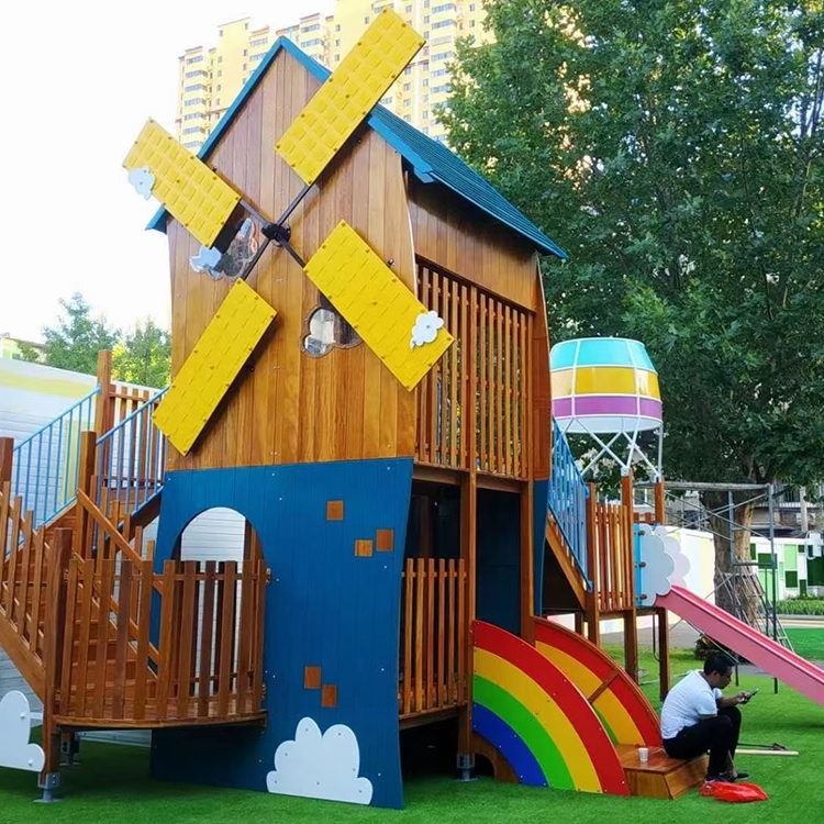 启鸿幼儿园户外大型实木滑梯  室外组合游乐设施  木制玩具拓展攀爬架