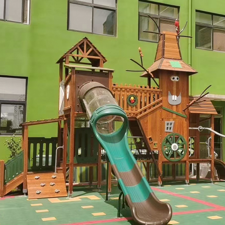 启鸿儿童室外木质滑梯 幼儿园小区 户外防腐木质滑滑梯