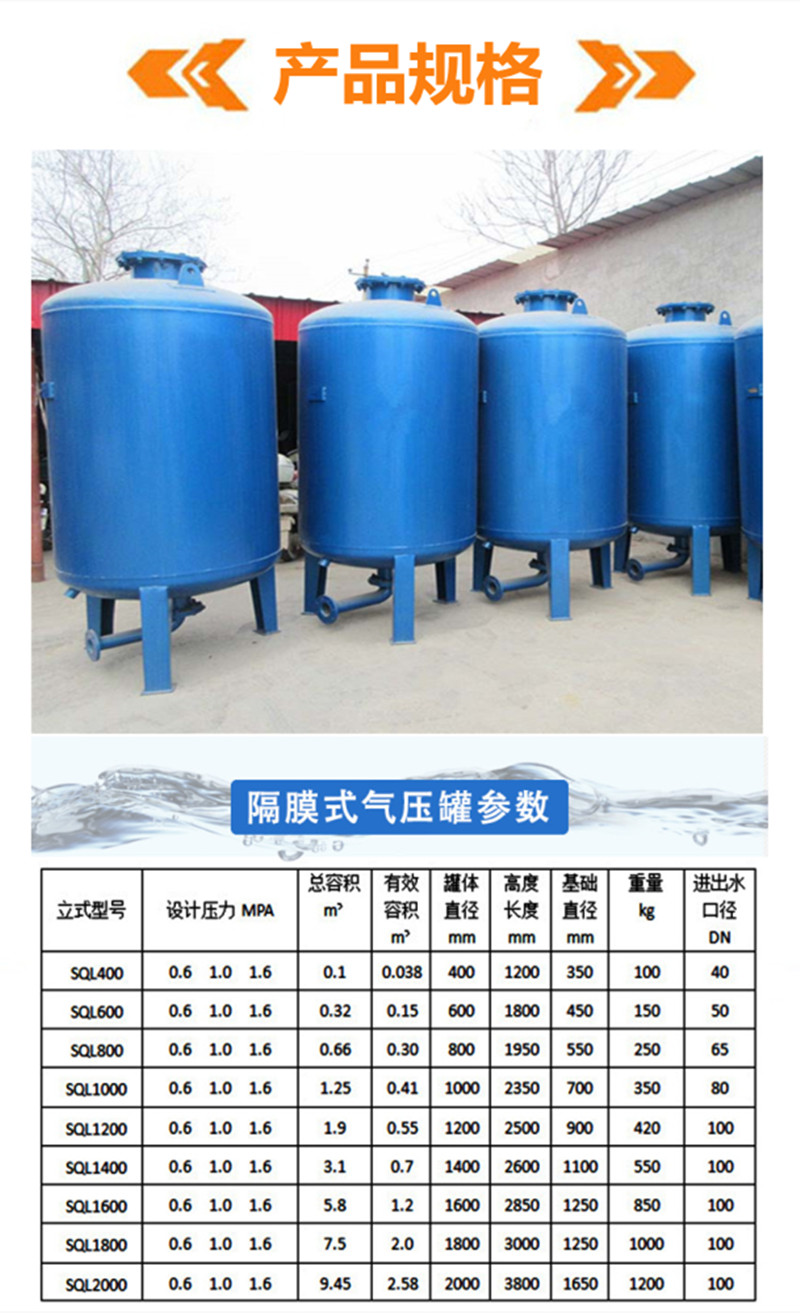 岳陽sql800隔膜式氣壓罐無塔供水壓力罐穩壓氣壓罐