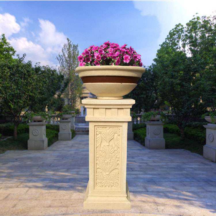 园林艺术雕塑仿砂岩柱墩花盆景观绿化欧式柱墩花钵仿石材花钵