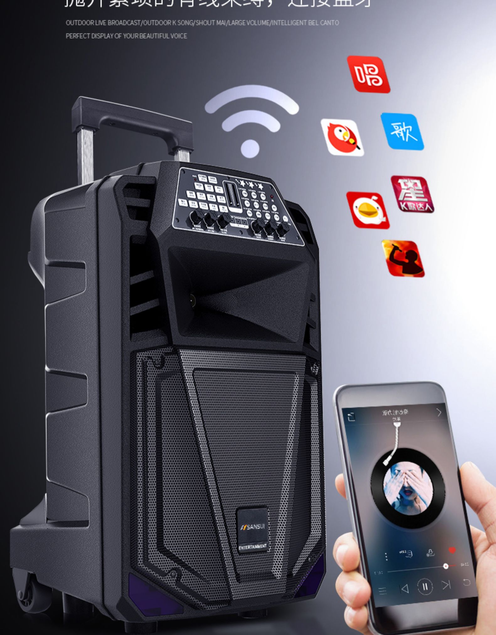 山水ss712网红音响户外直播内置声卡一体机带无线话筒专用大功率蓝牙