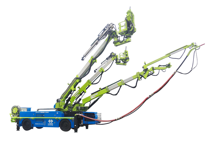 该设备集湿喷台车,拱架安装台车,锚杆台车,注浆机4台车的作用于一体