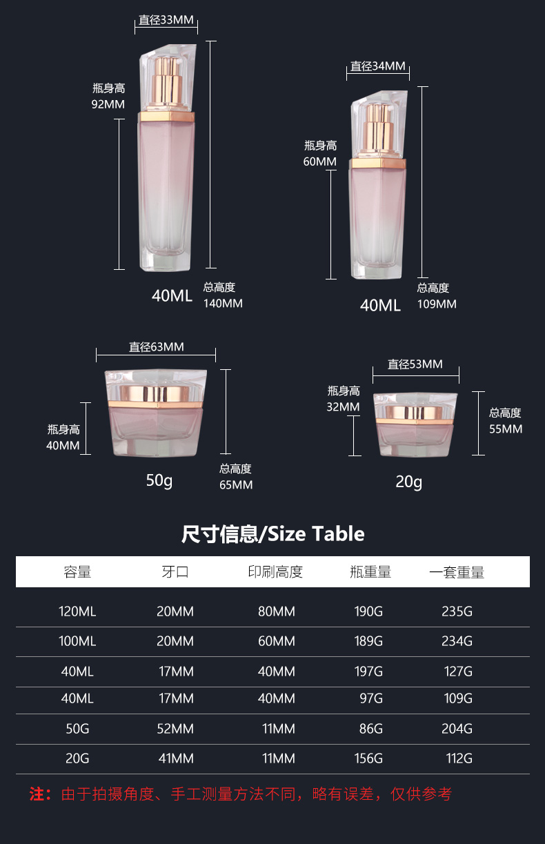 高档化妆品玻璃包装锦禄120ml水乳套装瓶30g精华瓶50g膏霜瓶