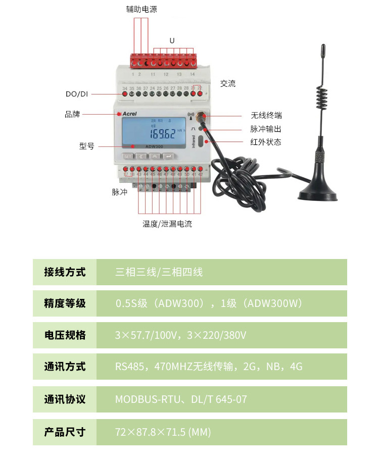 上海安科瑞无线4G多功能仪表ADW300W自带三个互感器