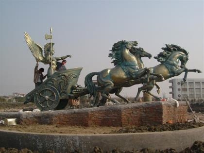 純銅馬拉車人物銅雕群馬雕塑
