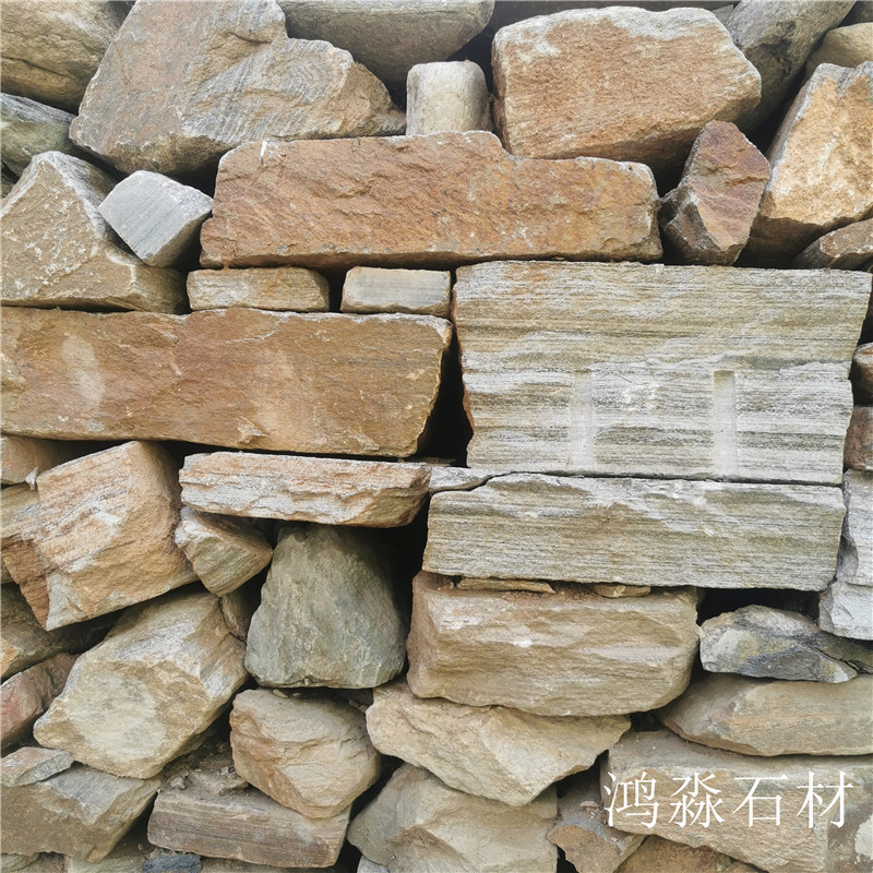 20-35cm土黄色垒墙石 室外石材背景墙 干砌石护坡 砌筑石材