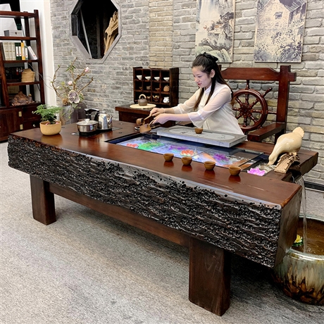 老船木流水茶桌椅 組合茶幾實木一體大板家具 套裝茶道 桌子禪意創(chuàng)意