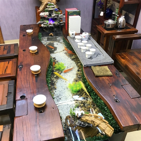 老船木茶桌椅組合 流水茶臺禪意茶幾1米8 茶桌茶具套裝魚缸茶幾一體