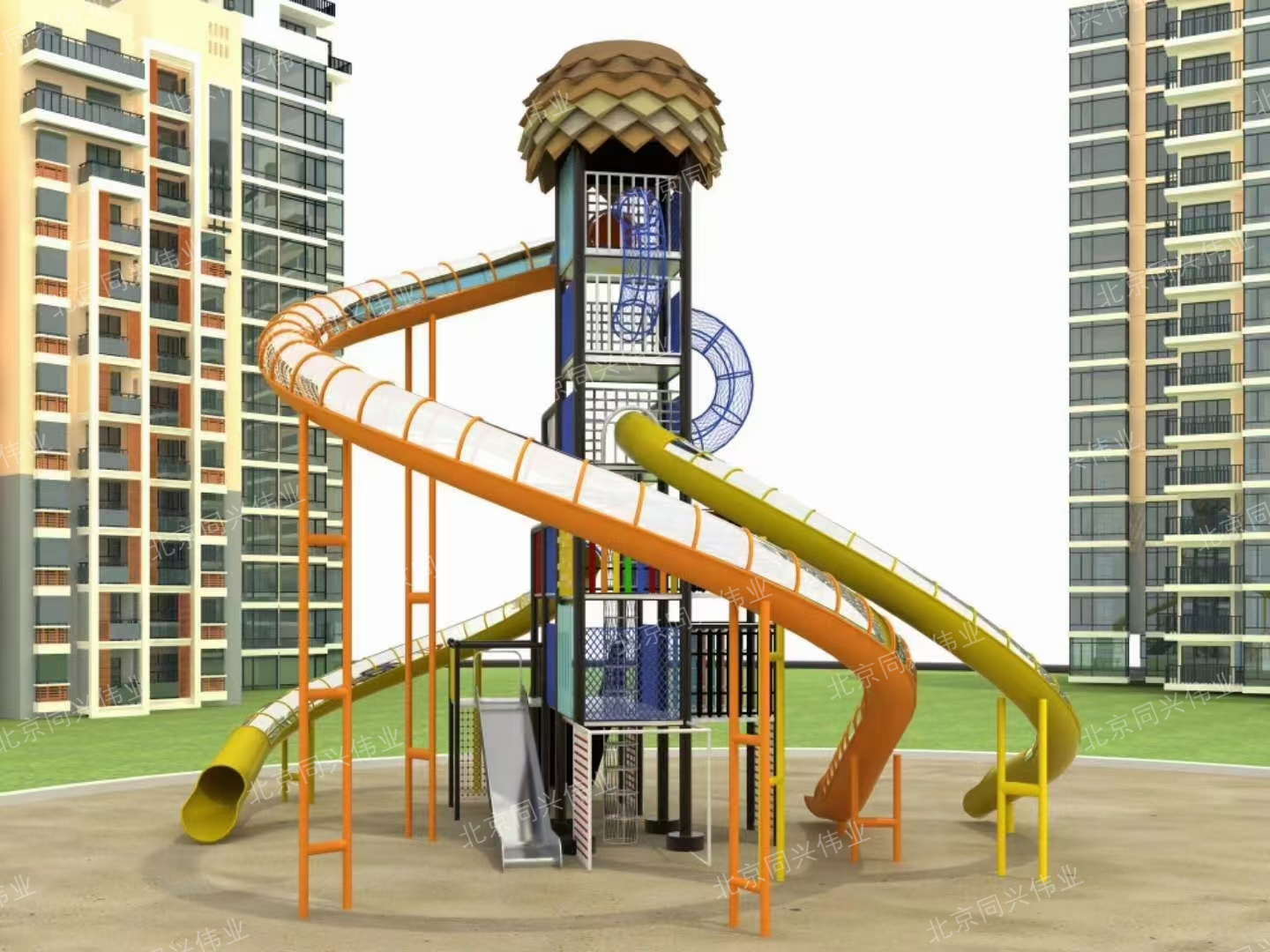 户外不锈钢滑梯游乐园滑梯组合高空螺旋滑梯幼儿园实木滑梯