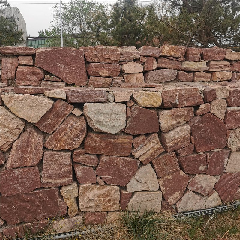 经典古建-景观墙石材 红色砂岩垒墙石 乱石背景墙贴面