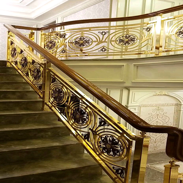弧形别墅铜楼梯扶手yis187别墅铜楼梯设计铜艺扶梯组装欧式护栏