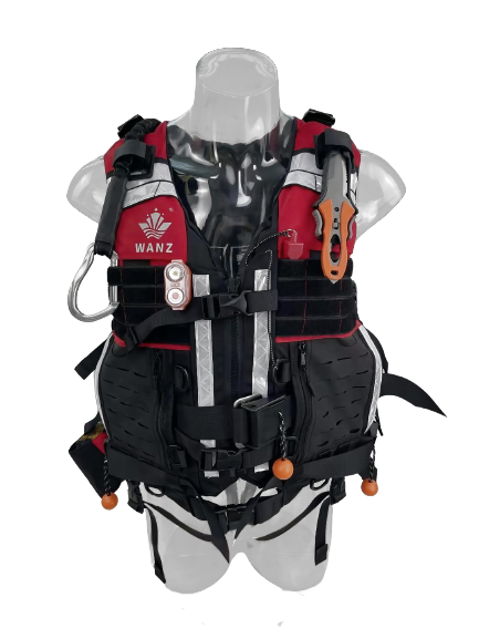激流救生衣为救援人员具有个人安全防护,整体橘红色设计,功能需求:配