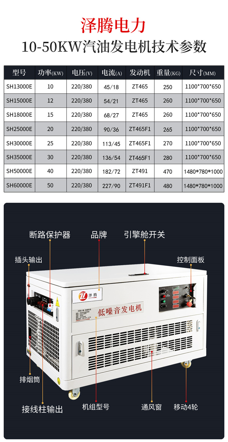 泽腾电力30KW静音汽油发电机 移动式发电机 30千瓦