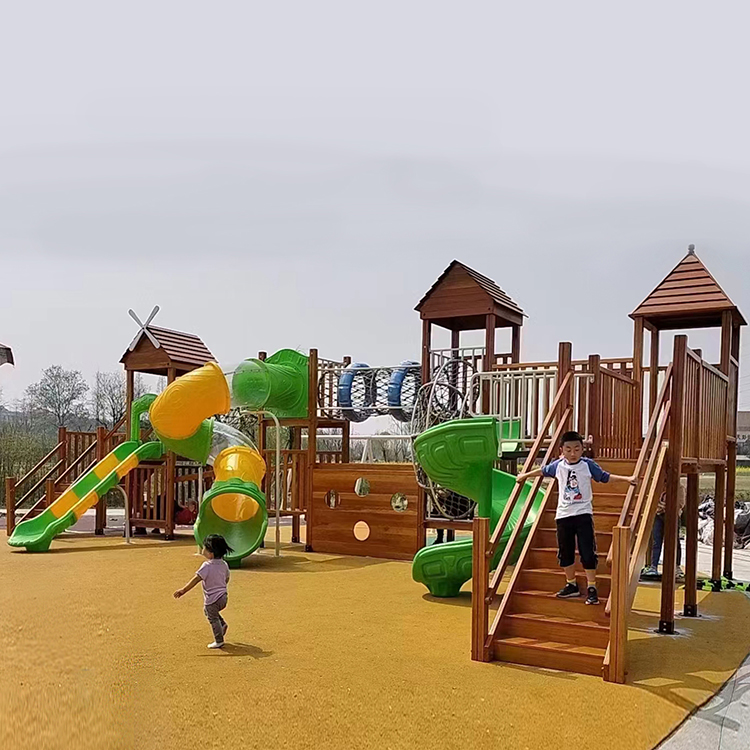启鸿幼儿园户外大型实木滑梯  室外组合游乐设施  木制玩具拓展攀爬架