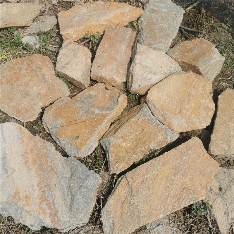 景区贴面-河北板岩文化石 黄木纹碎拼石 虎皮石地面石板