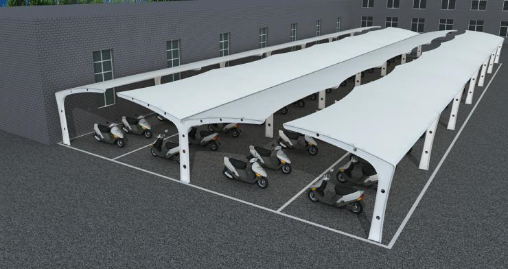 双开电动车篷-电动自行车停车棚-排水水槽安装