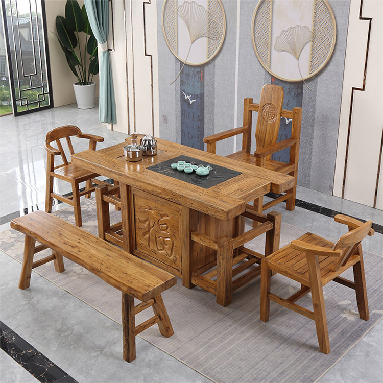 老榆木茶桌椅 商用大板茶桌 新中式泡茶台 环保材质 精雕细琢 万千