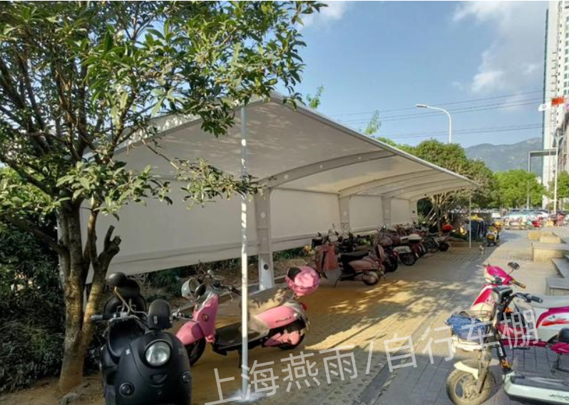 双开电动车篷-电动自行车停车棚-排水水槽安装