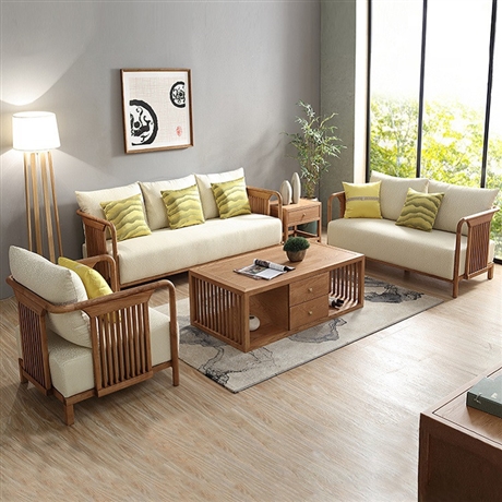 新中式实木沙发 白蜡木酒店家具 多人位布艺座椅 自然木纹 寿命长