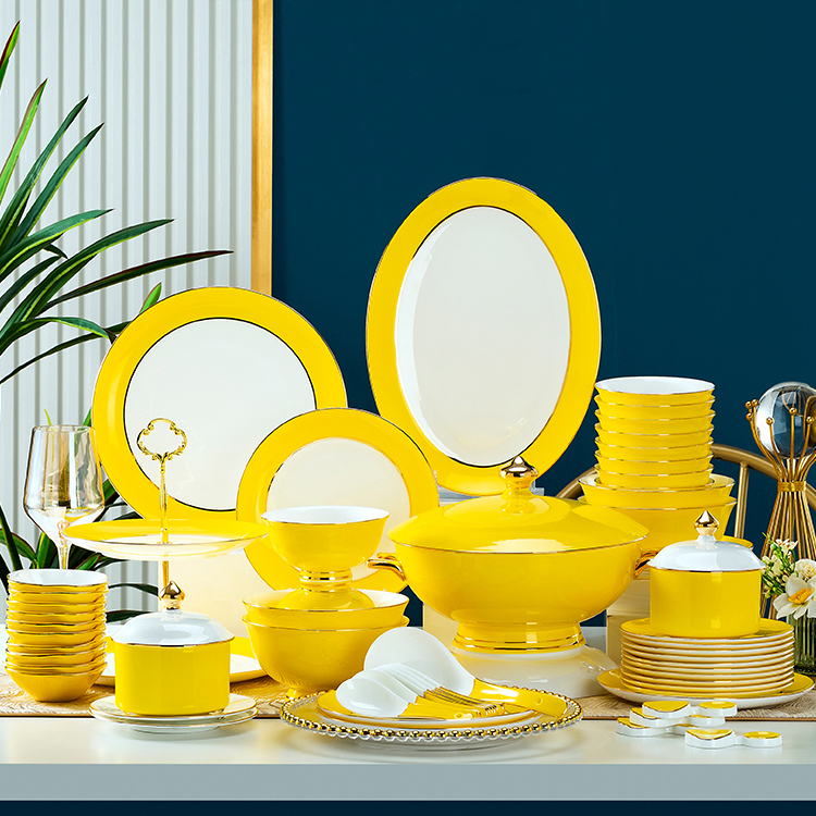 碗盘礼品套装家用轻奢黄釉骨瓷碗 高档碟碗筷陶瓷餐具商务赠礼