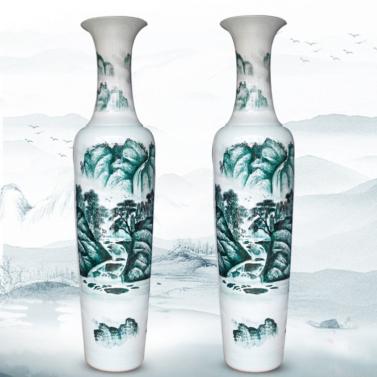 陶瓷大花瓶装饰摆件 手绘墨彩山水画大花瓶2.2米装饰工艺品