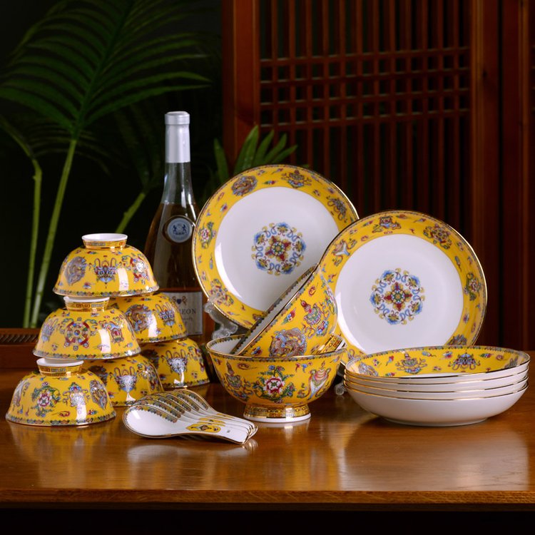 定制礼品陶瓷餐具套装 家用小套组珐琅彩中式碗盘餐具送礼
