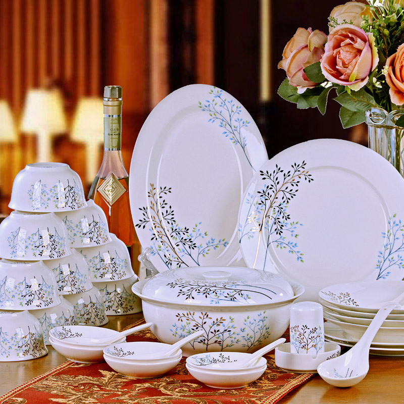 合燊陶瓷碗碟套装家用欧式骨瓷餐具56头瓷器碗盘组合发财树