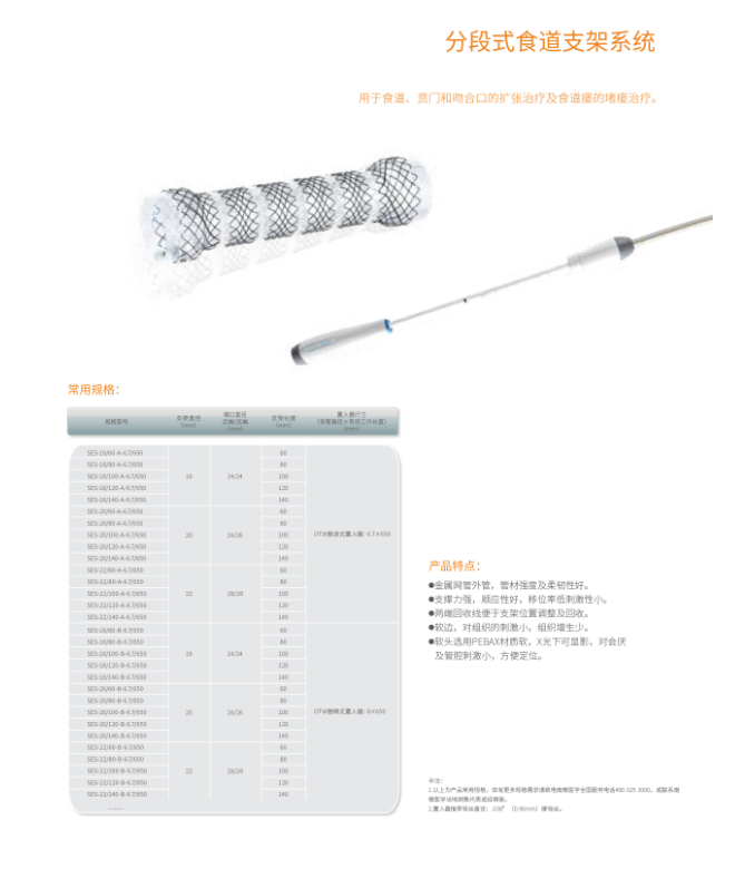 南微 覆硅胶膜食道支架系统MTN-SE-S-20/80-A-8/650 防返流