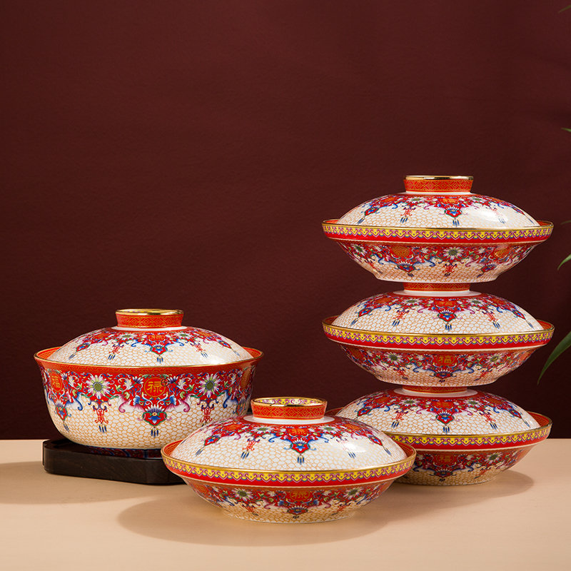 合燊 红色珐琅彩和合器家用单个釉口带盖碗盘汤碗宫廷风骨瓷餐具