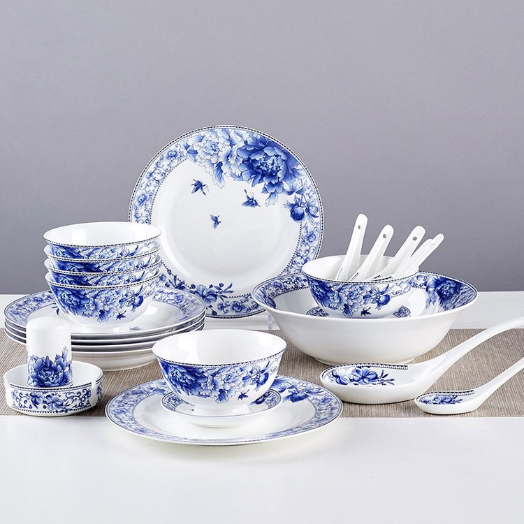陶瓷餐具28头家用骨瓷釉中彩青花蝴蝶蓝6人位碗盘套装