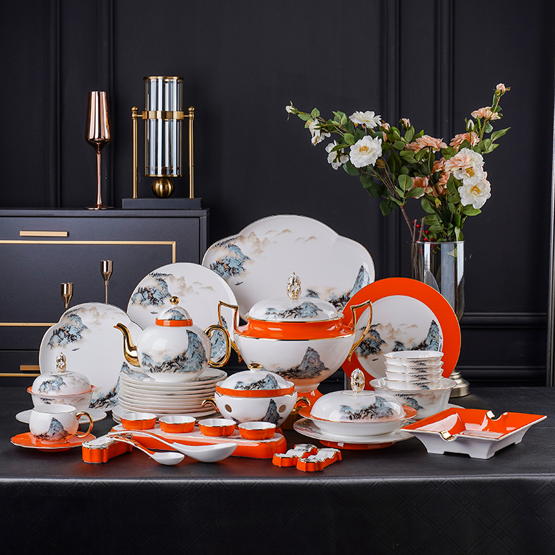 高温陶瓷餐具家用中式千里江山80头大套组碗碟套装送礼奢华大气
