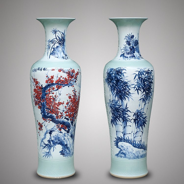 手绘梅兰竹菊釉里红观音瓶1.2米陶瓷落地大花瓶摆件 家居装饰