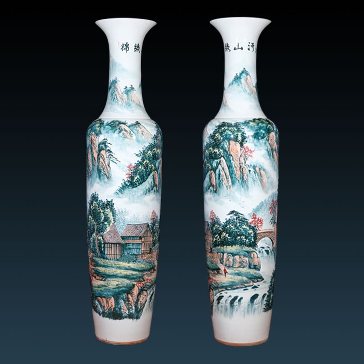 开业礼品送陶瓷大花瓶装饰摆件1.8米 手绘五彩锦绣山河落地瓷瓶