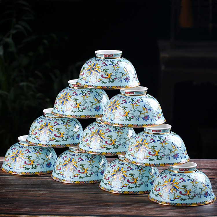 家用防烫饭碗镶金4.5英寸 10碗套装仿古蓝缠枝莲福字高脚碗