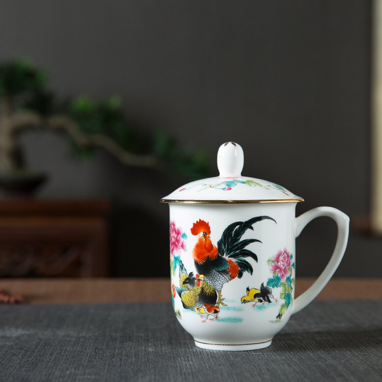 家用陶瓷茶杯描金金鸡报晓骨瓷水杯400ml办公杯定制