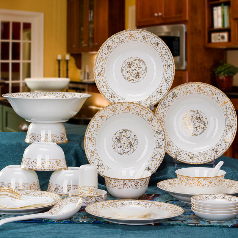 合燊陶瓷 家用6人位金边碗盘碗碟28头骨瓷餐具套装太阳岛瓷碗