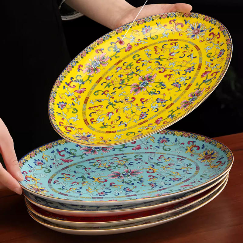 陶瓷餐具中式珐琅彩椭圆形鱼盘家用大号骨瓷12英寸装鱼的盘子