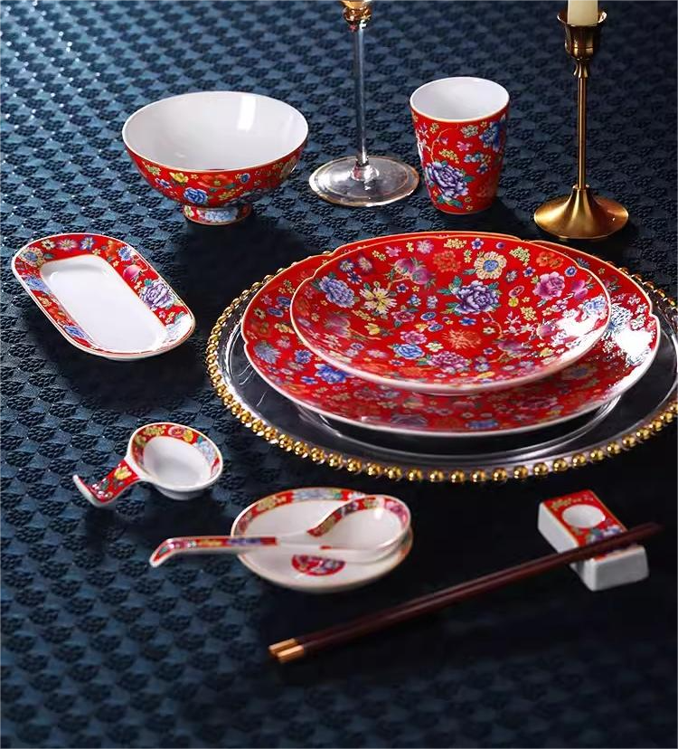 高档酒店摆台中式国潮餐厅特色会所个人珐琅彩万花9件套白瓷餐具