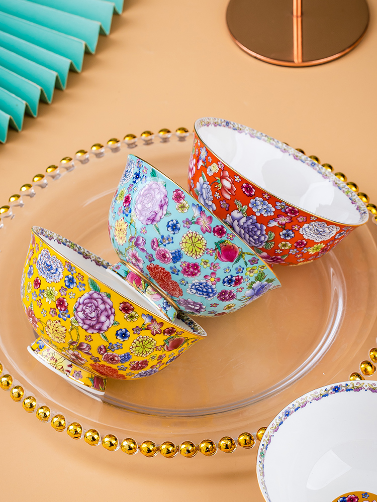 陶瓷碗家用6个装4.5寸吃饭碗中式金边珐琅彩高脚碗礼盒装送礼瓷碗