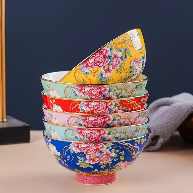 合元堂 珐琅彩骨瓷碗家用中式牡丹描金米饭碗面碗礼盒套装碗
