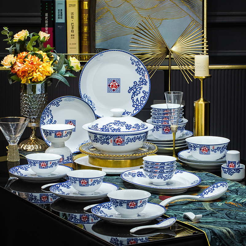 合燊陶瓷餐具套装家用高温白瓷58头青花百福纳祥碗盘碟组合送礼