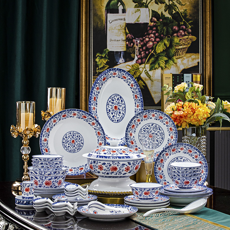 合燊陶瓷青花釉里红高温白瓷餐具套装家用碗盘碟58件套新居乔迁礼