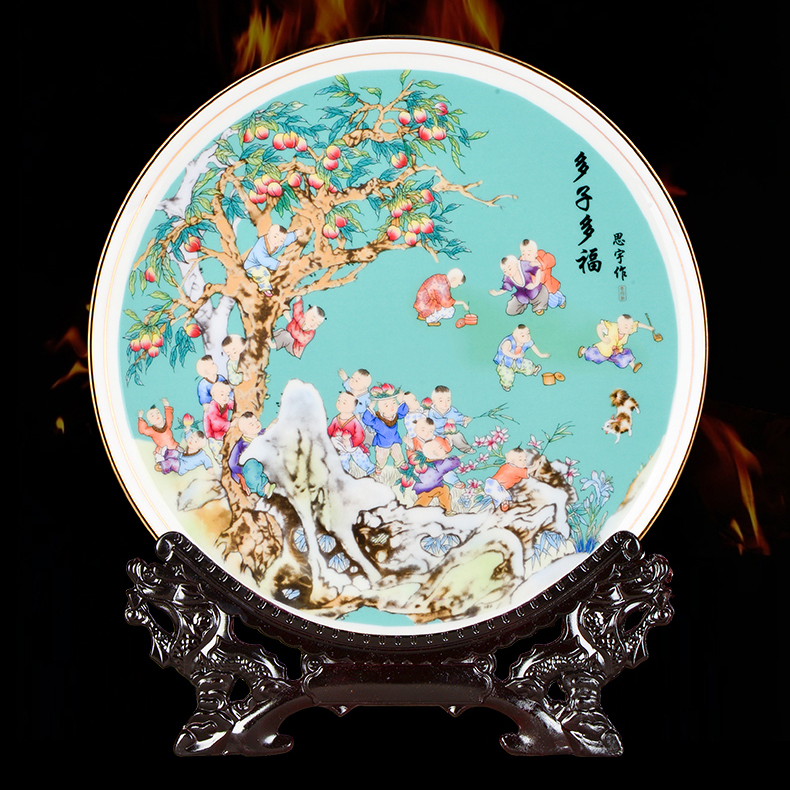 陶瓷装饰盘10英寸多子多福金边挂盘中式客厅博古架家居装饰品骨瓷