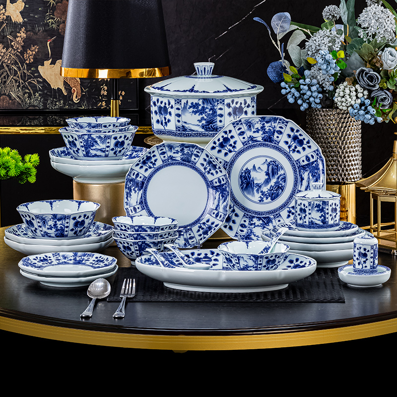 釉下彩家用碗盘套装12人位青花山水轻奢陶瓷餐具2025高档碗碟礼品